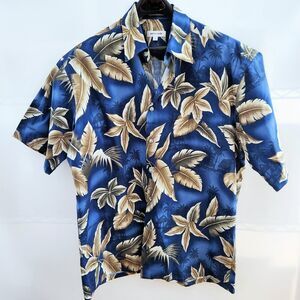 Men's Vintage Pierre Cardin Aloha Hawaiian Shirt Blue Tan 100% Cotton L Large